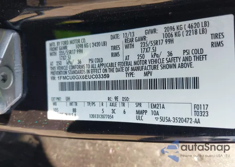 2014 Ford Escape Se z USA, uszkodzony, nr VIN 1FMCU0GX6EUC03359